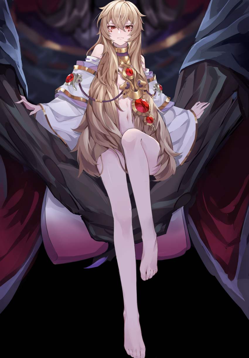 1boy absurdres androgynous axescr bare_legs barefoot blonde_hair detached_sleeves facial_mark feet full_body hannya_(onmyoji) highres jewelry long_hair male_focus midriff navel necklace onmyoji otoko_no_ko pale_skin red_eyes shirt short_shorts shorts solo toes vengeful_hannya_(onmyoji) wavy_hair white_shirt