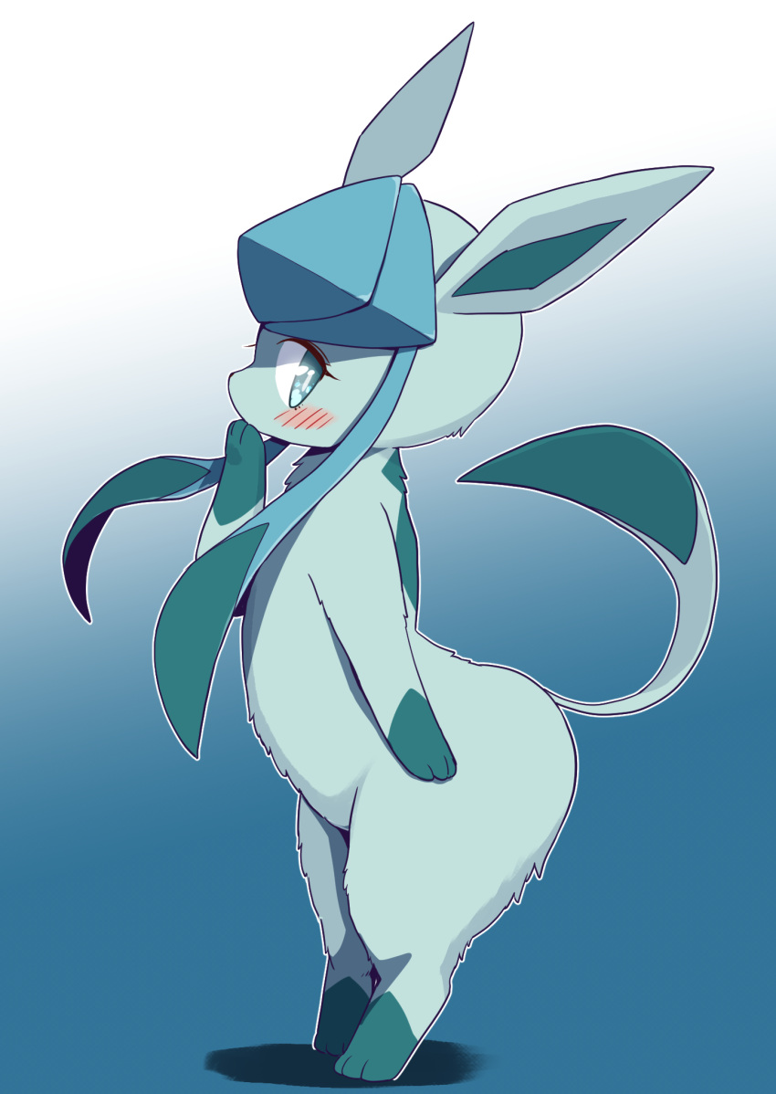 2023 ambiguous_gender ass big_butt blue_body blue_eyes blue_fur blush canid digital_media_(artwork) digitigrade eeveelution eyelashes feet feral full-length_portrait fur generation_4_pokemon glaceon gloves_(marking) green_body green_fur hi_res kemono koorinezumi leg_markings looking_at_viewer mammal markings multicolored_body multicolored_fur nintendo paws pokemon pokemon_(species) portrait quadruped socks_(marking) solo standing tail toes