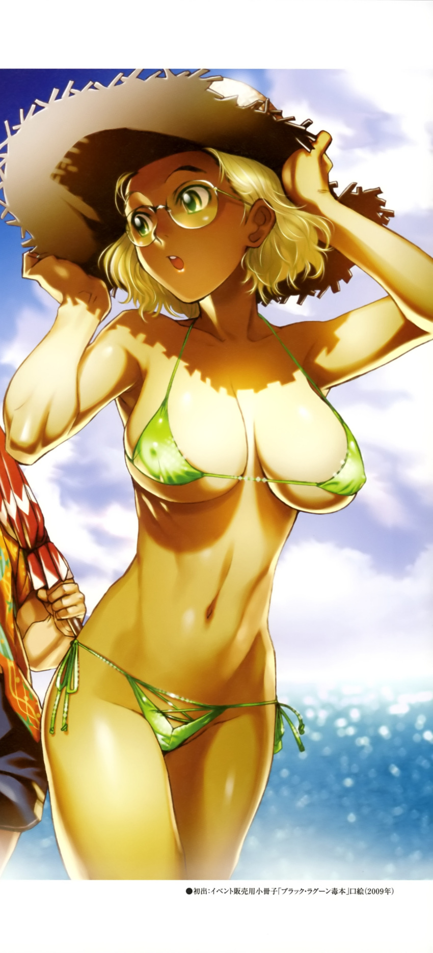 absurdres agua-verde beach_umbrella bikini black_lagoon blonde_hair breasts cleavage closed_umbrella cloud covered_nipples day facial_hair female glasses green_bikini green_eyes hat highres hiroe_rei huge_breasts janet_bhai large_breasts micro_bikini navel non-web_source official_art outdoors rimless_eyewear shiny_skin shirt short_hair shorts side-tie_bikini_bottom sky stubble sun_hat swimsuit tan umbrella underboob