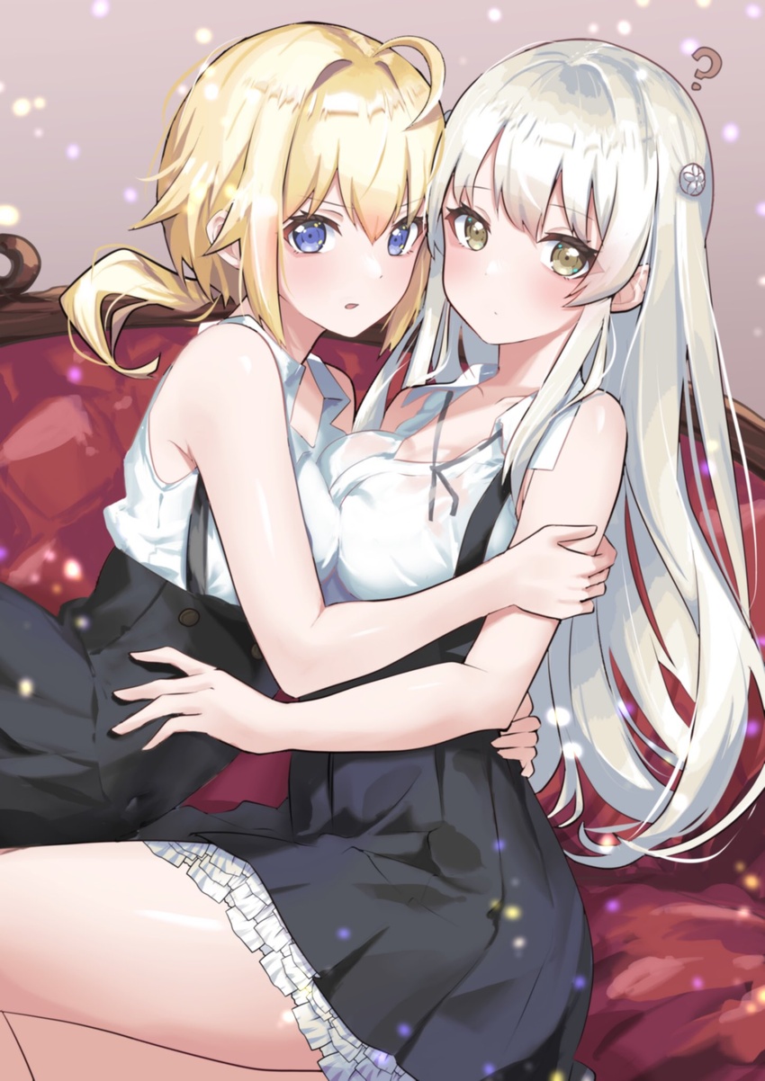 2girls ? ahoge amano_soraha assault_lily bare_arms bare_shoulders black_skirt blonde_hair blue_eyes breast_press breasts brown_background brown_eyes closed_mouth collarbone commentary_request couch cowboy_shot egawa_kusumi flower frilled_skirt frills gradient_background grey_hair hair_between_eyes hair_flower hair_ornament hand_on_another's_arm hand_on_another's_back high-waist_skirt highres houji_tea_latte hug leaning_forward leaning_on_person light_blush light_particles long_hair looking_at_viewer looking_to_the_side low_ponytail medium_breasts miniskirt multiple_girls on_couch parted_lips pleated_skirt ponytail school_uniform see-through shirt sidelocks sitting skirt sleeveless sleeveless_shirt suspender_skirt suspenders symmetrical_docking v-shaped_eyebrows very_long_hair wet wet_clothes wet_shirt white_shirt yuri yurigaoka_girls_academy_school_uniform