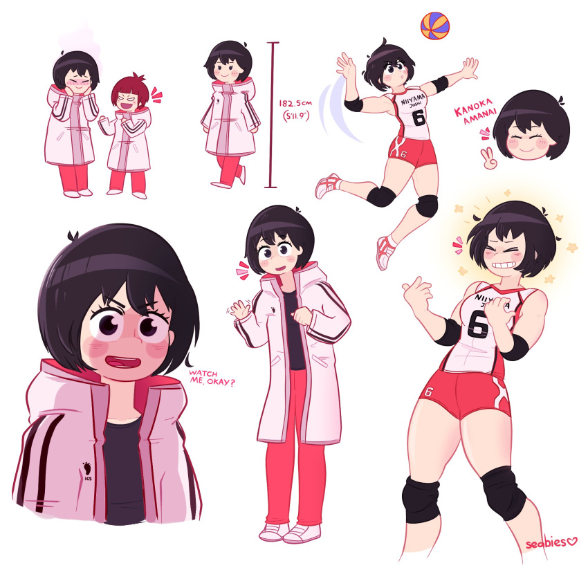 >_< 2girls amanai_kanoka artist_name ball bare_shoulders black_hair black_shirt blush bob_cut breasts character_name commentary elbow_pads english_commentary english_text haikyuu!! hand_up height_chart highres jacket jumping knee_pads leaning_back long_sleeves medium_breasts multiple_girls multiple_views open_mouth pants photo-referenced radicalseabies red_shorts shirt shoes short_hair shorts sneakers sportswear teeth track_jacket track_pants v volleyball volleyball_(object) volleyball_uniform waving yonezawa_maiko yoshimura_shiho