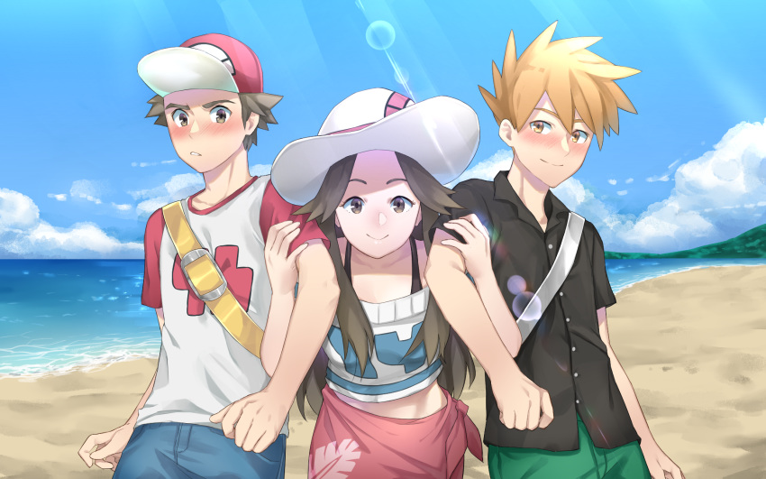 2boys adapted_costume alternate_universe baseball_cap black_shirt blue_oak blush brown_eyes brown_hair buttons closed_mouth cloud collared_shirt commentary day drawrepulser english_commentary female hat highres leaf_(pokemon) lens_flare long_hair looking_at_viewer multiple_boys orange_hair outdoors pokemon pokemon_frlg pokemon_sm red_(pokemon) sand second-party_source shirt shore short_sleeves sky smile spiked_hair t-shirt water