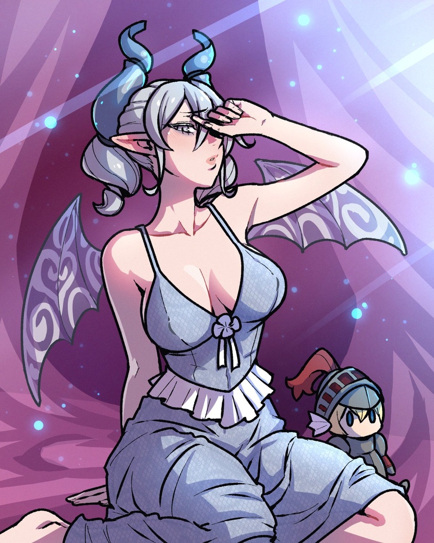 akairiot bare_shoulders breasts cleavage demon_girl demon_horns demon_wings dress duel_monster female grey_eyes grey_hair hand_up highres horns knight_(yu-gi-oh!) lips lovely_labrynth_of_the_silver_castle pointy_ears sitting solo stuffed_toy wings yu-gi-oh!