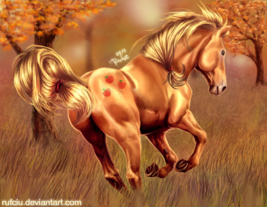 2013 accessory ambiguous_gender applejack_(mlp) ass blonde_mane blurred_background brown_body brown_butt brown_ears brown_face brown_feet brown_fur brown_hooves cutie_mark depth_of_field detailed_background digital_media_(artwork) digital_painting_(artwork) equid equine feet feral friendship_is_magic fur furgonomics grass hasbro hooves horse mammal mane monotone_body monotone_butt monotone_face monotone_feet monotone_fur monotone_mane monotone_tail my_little_pony outside plant quadruped realistic rufciu short_fur signature snout solo tail tail_accessory tailband text tree underhoof url vein yellow_eyes yellow_tail