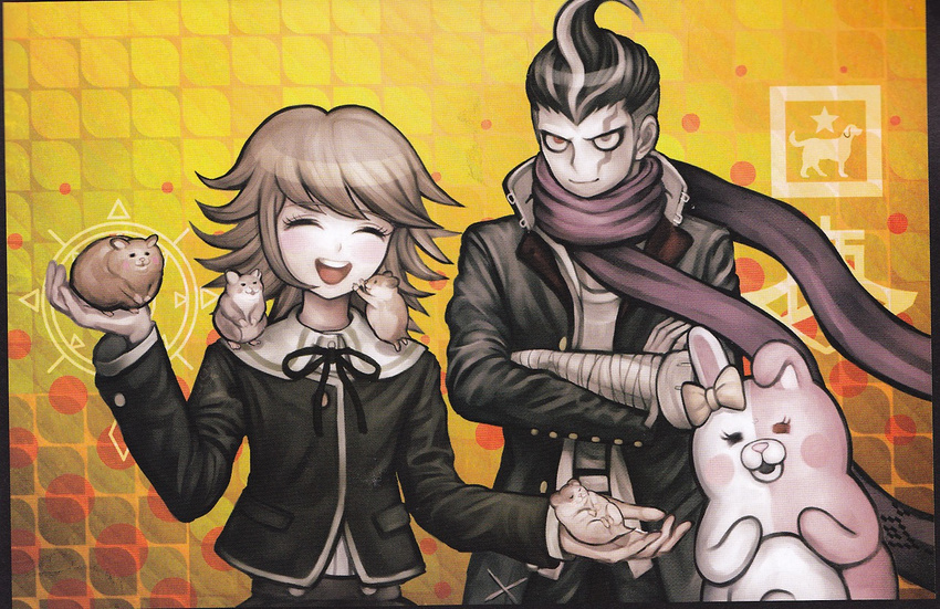 2boys :d ^_^ animal bandage bandages black_hair brown_hair cham-p chuunibyou closed_eyes closed_eyes danganronpa danganronpa_1 fujisaki_chihiro hamster heterochromia jacket jum-p komatsuzaki_rui maga-g monomi monomi_(danganronpa) multicolored_hair multiple_boys official_art open_mouth otoko_no_ko scan scar scarf school_uniform short_hair smile sun-d super_danganronpa_2 tanaka_gandamu tanaka_gundam trap