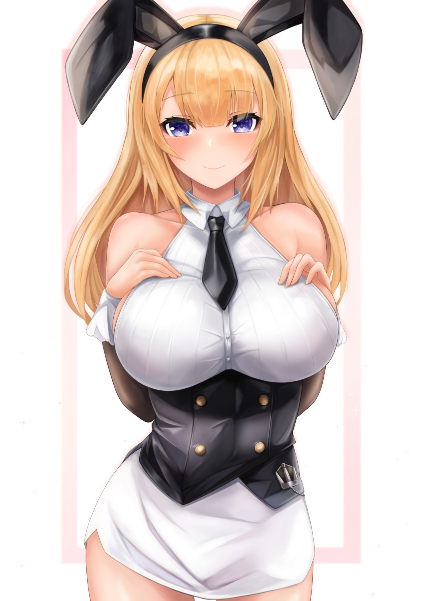 absurdres animal_ears armpit_crease astoria_(azur_lane) astoria_(black_bunny_carnival)_(azur_lane) azur_lane bare_shoulders black_corset black_necktie blonde_hair blue_eyes blunt_bangs blush breasts closed_mouth collarbone collared_shirt commentary corset cowboy_shot fake_animal_ears female hair_between_eyes hands_on_own_chest highres large_breasts long_hair looking_at_viewer necktie official_alternate_costume rabbit_ears ryara shirt sidelocks simple_background skirt sleeveless sleeveless_shirt smile solo standing white_background white_shirt white_skirt