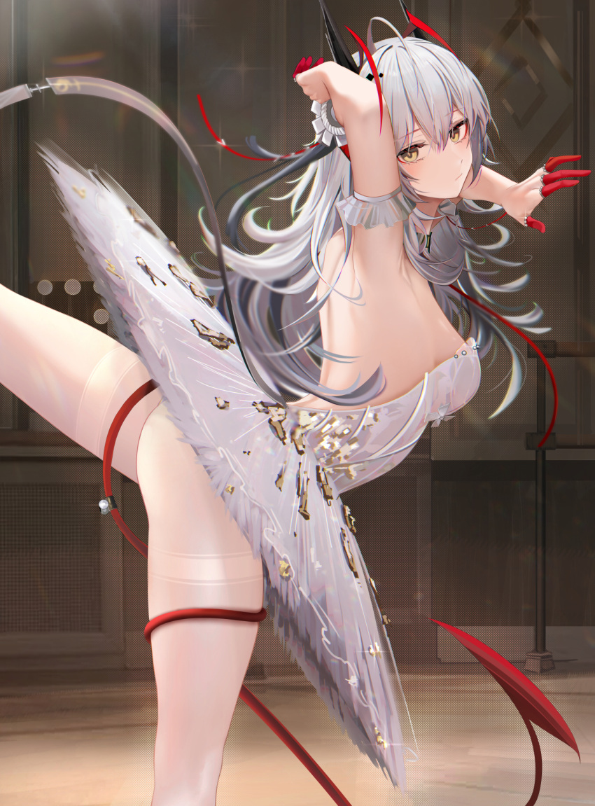 alternate_costume arabesque_(pose) arknights arm_strap arm_up armpits ballerina ballet barre breasts closed_mouth dress female finger_cots from_side grey_hair highres horns long_hair looking_at_viewer medium_breasts pantyhose ru_zhai solo standing standing_on_one_leg thighs tutu w_(arknights) white_dress white_pantyhose yellow_eyes