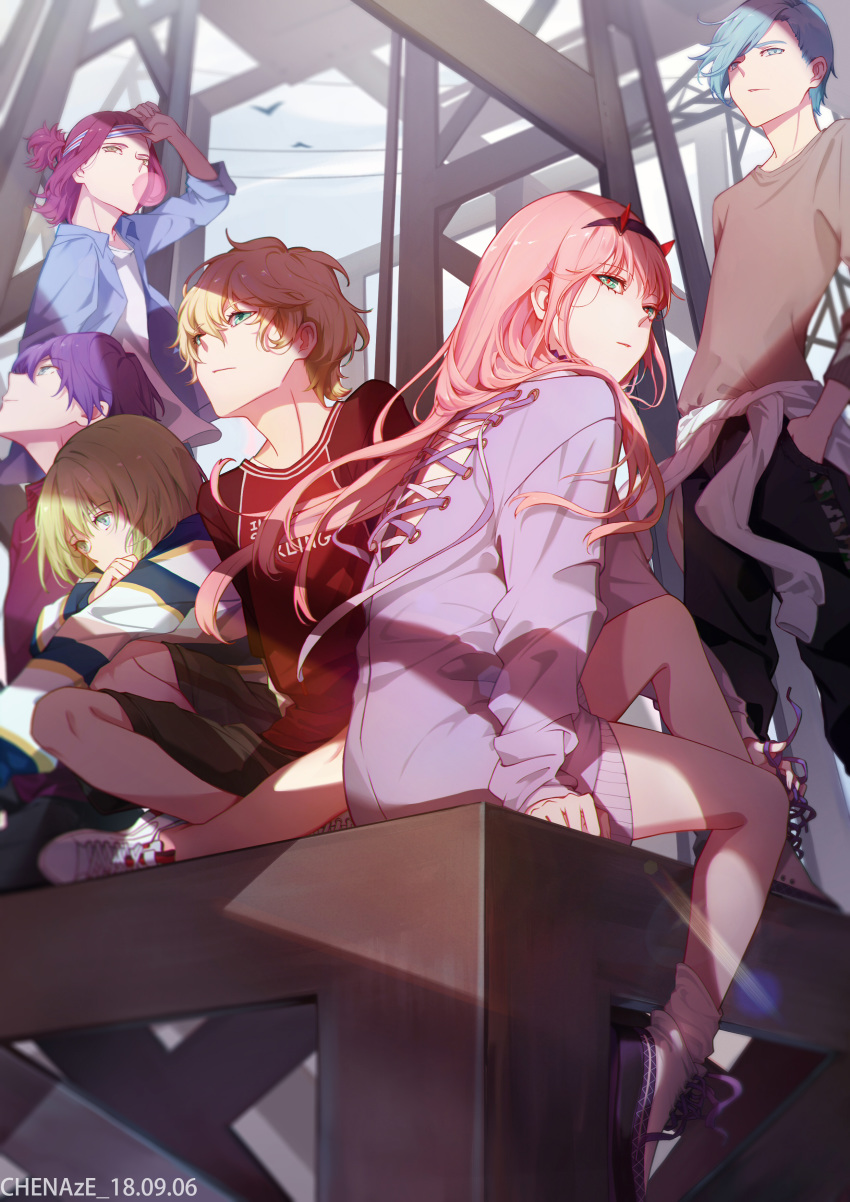 2girls 4boys absurdres arm_up black_hairband black_pants blonde_hair blue_eyes blue_hair boots brown_shirt chenaze57 closed_mouth clothing_cutout commentary cross-laced_clothes cross-laced_cutout darling_in_the_franxx day english_commentary from_below from_side full_body green_eyes grey_shorts hair_between_eyes hair_over_one_eye hairband hand_in_pocket highres horns light long_hair long_sleeves looking_away looking_down looking_up medium_hair multiple_boys multiple_girls nine_alpha nine_beta nine_delta nine_epsilon nine_gamma oni_horns outdoors pants photoshop_(medium) pink_hair purple_hair red_horns red_shirt shadow shirt shoelaces shoes short_hair shorts sitting sneakers standing striped_clothes striped_shirt white_footwear zero_two_(darling_in_the_franxx)