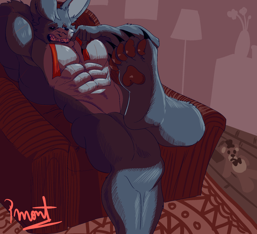 abs anthro barazoku biceps blue_body blue_fur bow_ribbon clawed_fingers claws detailed_background fangs feet five_nights_at_freddy's five_nights_at_freddy's_4 fur hi_res lagomorph leporid long_ears male mammal muscular muscular_anthro muscular_male nightmare_bonnie_(fnaf) pecs perspective pinumontbalou purple_eyes rabbit scar scottgames sitting solo teeth toe_claws whiskers