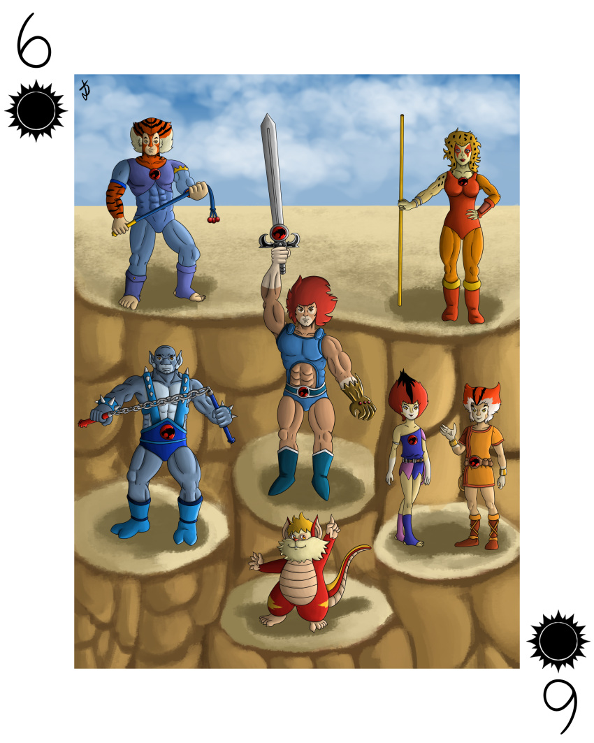 4:5 absurd_res anthro brother_(lore) brother_and_sister_(lore) card card_template cheetah cheetara custom_cards domestic_cat felid feline felis female fighting_pose group hi_res lion lion-o male mammal melee_weapon nunchaku pantherine panthro playing_card playing_card_template pose shiromon999 sibling_(lore) sister_(lore) snarf snarf_(species) staff sword thundercats thundercats_1985 tiger tygra weapon whip wilykat wilykit