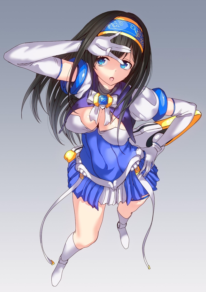 arm_up beat_angel_escalayer black_hair blue_eyes blue_hairband boots breasts cleavage cosplay dress elbow_gloves escalayer escalayer_(cosplay) female full_body gloves gradient_background grey_background hairband hand_on_own_hip highres idolmaster idolmaster_cinderella_girls idolmaster_cinderella_girls_starlight_stage knee_boots kouenji_sayuka large_breasts long_hair magical_girl open_mouth pleated_skirt puffy_short_sleeves puffy_sleeves q_(ed69) sagisawa_fumika short_dress short_sleeves skirt solo standing thigh_strap weapon white_footwear white_gloves