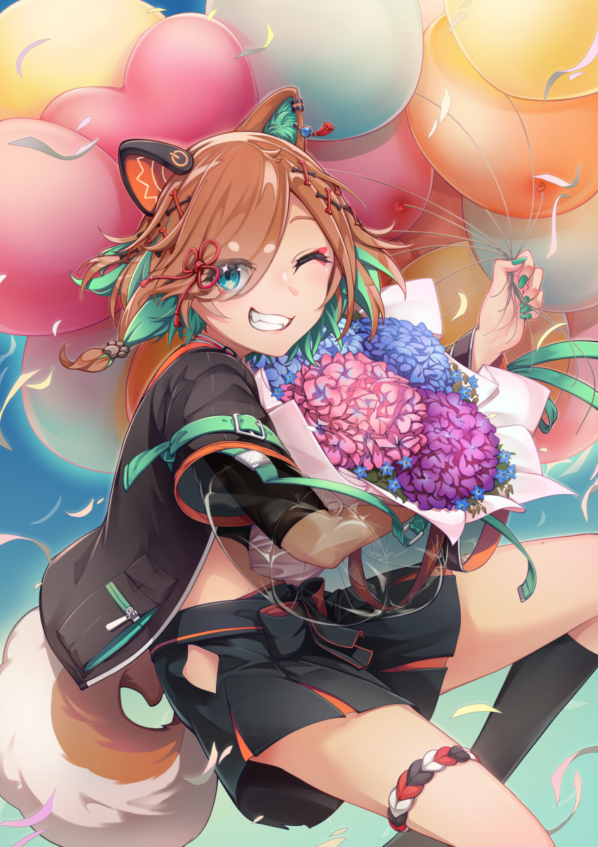 absurdres animal_ears aqua_eyes aqua_hair aqua_nails balloon bouquet brown_hair colored_inner_hair dog_ears dog_girl dog_tail female flower gsong-chan hair_ornament hair_over_one_eye hakama hakama_shorts happy_birthday highres holding holding_bouquet japanese_clothes mismatched_animal_ear_colors miyoshino_shiki multicolored_hair oerba_yun_fang one_eye_closed power_symbol prism_project prosthetic_ear see-through see-through_sleeves shorts solo tail virtual_youtuber