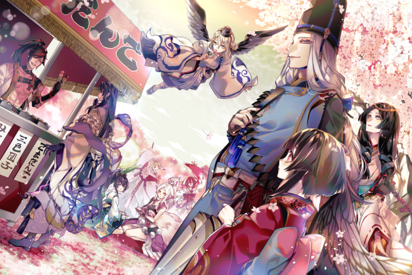 4boys 6+girls abe_no_seimei_(onmyoji) black_hair black_headwear blue_eyes bow character_request cherry_blossoms closed_eyes dango food hakurou_(onmyoji) hat hotarugusa_(onmyoji) japanese_clothes kagura_(onmyoji) long_hair looking_back minamoto_no_hiromasa_(onmyoji) momo_no_sei_(onmyoji) multiple_boys multiple_girls official_art onmyoji ootengu_(onmyoji) orochi_(onmyoji) outdoors parasol ponytail sakura_no_sei_(onmyoji) shouu_ootengu sitting smile tate_eboshi uehara_(higanbachi) umbrella wagashi white_hair wide_sleeves wings yao_bikuni_(onmyoji)