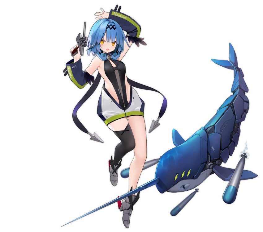 arm_behind_head azur_lane black_one-piece_swimsuit black_thighhighs blue_hair breasts detached_sleeves female gun highres holding holding_gun holding_weapon medium_hair narwhal nautilus_(azur_lane) non-humanoid_robot official_art one-piece_swimsuit robot robot_animal rudder_footwear science_fiction single_thighhigh skin_tight small_breasts solo suisai_(suisao) swimsuit thighhighs torpedo transparent_background underwater weapon yellow_eyes