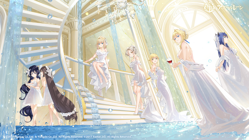 +_+ 6+girls alcohol alternate_hairstyle aurora_(azur_lane) azur_lane backless_dress backless_outfit blonde_hair blue_eyes blue_ribbon breasts brown_hair chandelier cocktail_dress cup dress drinking_glass evening_gown green_eyes grey_hair hair_between_eyes hair_over_one_eye hair_ribbon handrail hatsuharu_(azur_lane) high_heels highres holding holding_clothes holding_cup holding_dress holding_plate horns ibuki_(azur_lane) indoors jeanne_d'arc_(azur_lane) large_breasts light_smile long_dress long_hair looking_at_another looking_at_viewer maya_g medium_breasts medium_dress multicolored_hair multiple_girls official_art on_stairs orange_eyes pink_hair plate purple_eyes purple_hair railing ribbon richmond_(azur_lane) sheffield_(azur_lane) shoes sideboob sitting_on_railing smile spiral_staircase stairs stone_stairs strapless strapless_dress streaked_hair two-tone_hair very_long_hair walking walking_on_liquid water waterfall white_dress white_footwear white_ribbon wine wine_glass yoizuki_(azur_lane)