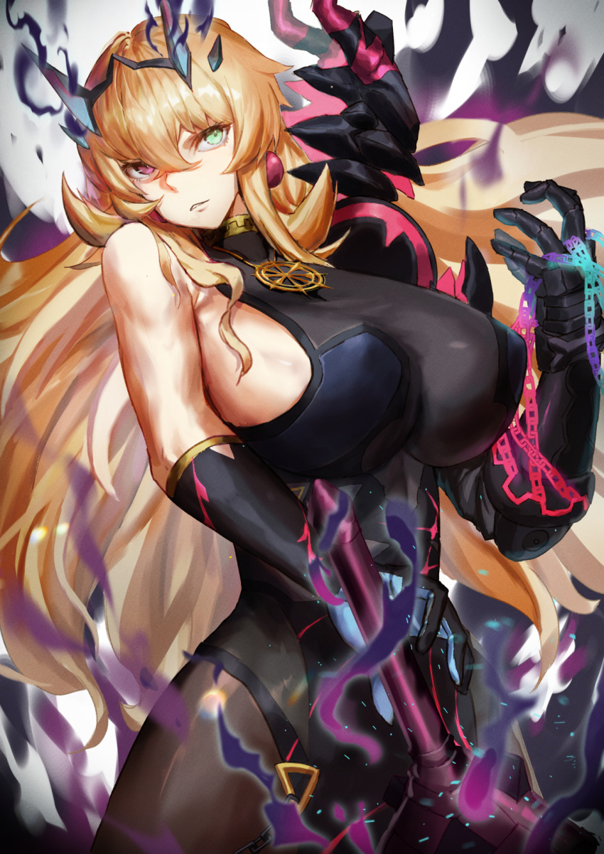 armor bare_shoulders barghest_(fate) barghest_(second_ascension)_(fate) black_dress blonde_hair blue_eyes breasts brown_pantyhose chains dress earrings fate/grand_order fate_(series) female gauntlets heterochromia highres horns jewelry large_breasts long_hair looking_at_viewer necklace pantyhose pauldrons pelvic_curtain red_eyes shoulder_armor sideboob single_gauntlet single_pauldron solo sword thighs tsugu0302 weapon