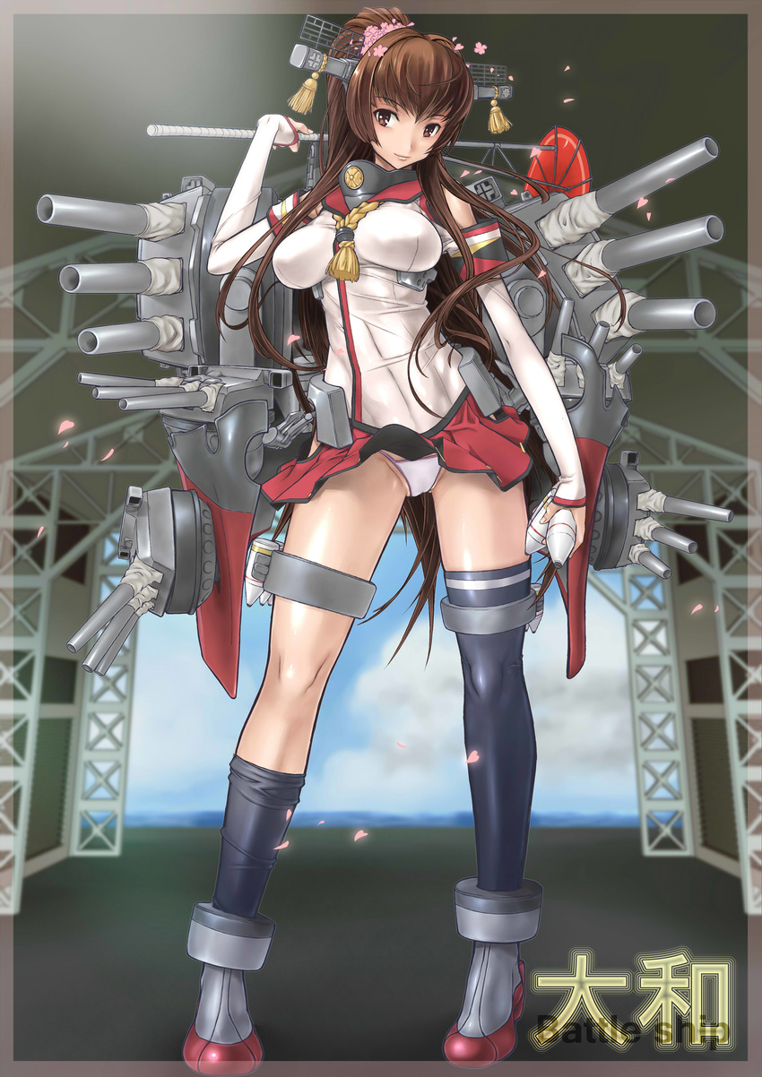 absurdres ankle_boots arrow_(projectile) blush boots brown_eyes brown_hair commentary_request female flower hair_flower hair_ornament highres japanese_clothes juubaori_mashumaro kantai_collection light_smile long_hair looking_at_viewer panties ponytail revision single_thighhigh skirt solo thighhighs underwear weapon yamato_(kancolle)