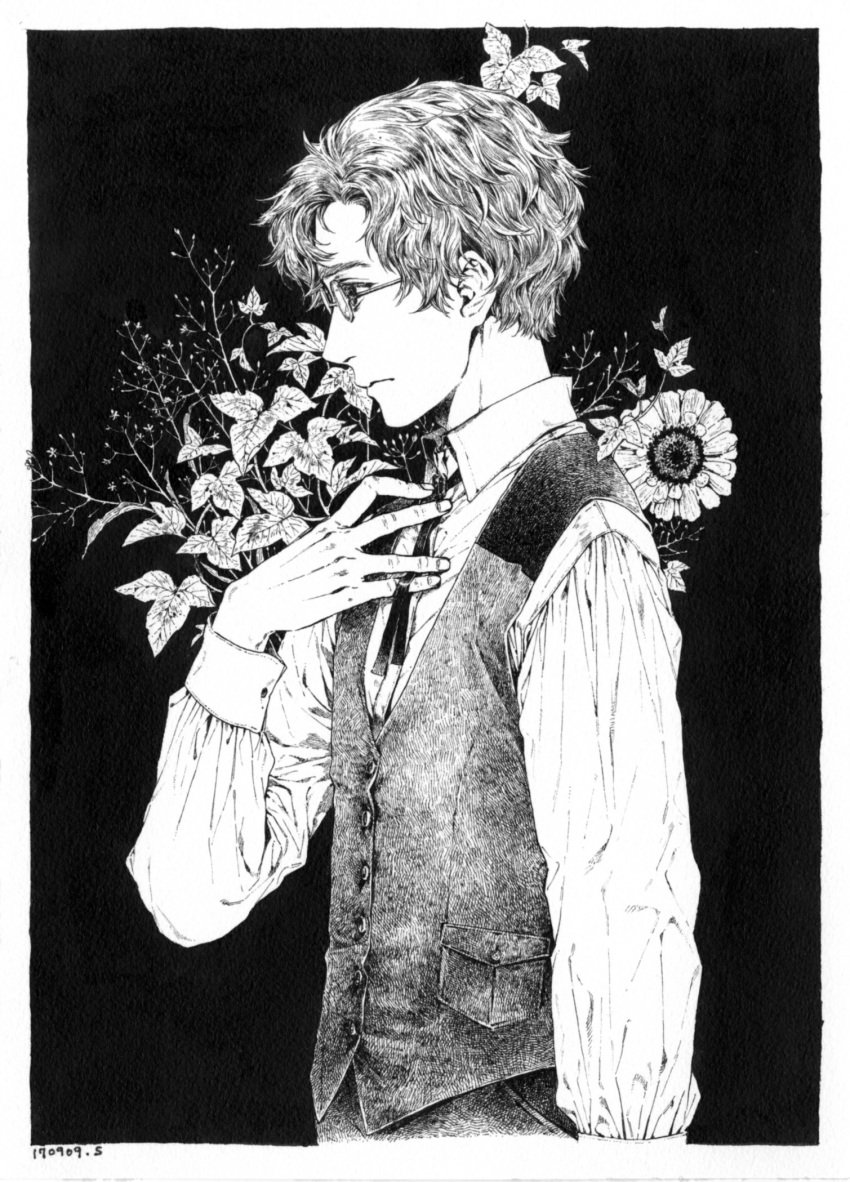 1boy arm_at_side bolo_tie buttons closed_mouth collared_shirt commentary_request dated eric_leblanc expressionless floral_background flower from_side gisele_alain glasses greyscale hand_on_own_chest highres ink_(medium) kasai_sui long_sleeves looking_away male_focus monochrome pocket profile ribbon shirt solo swept_bangs traditional_media upper_body vest waistcoat wing_collar