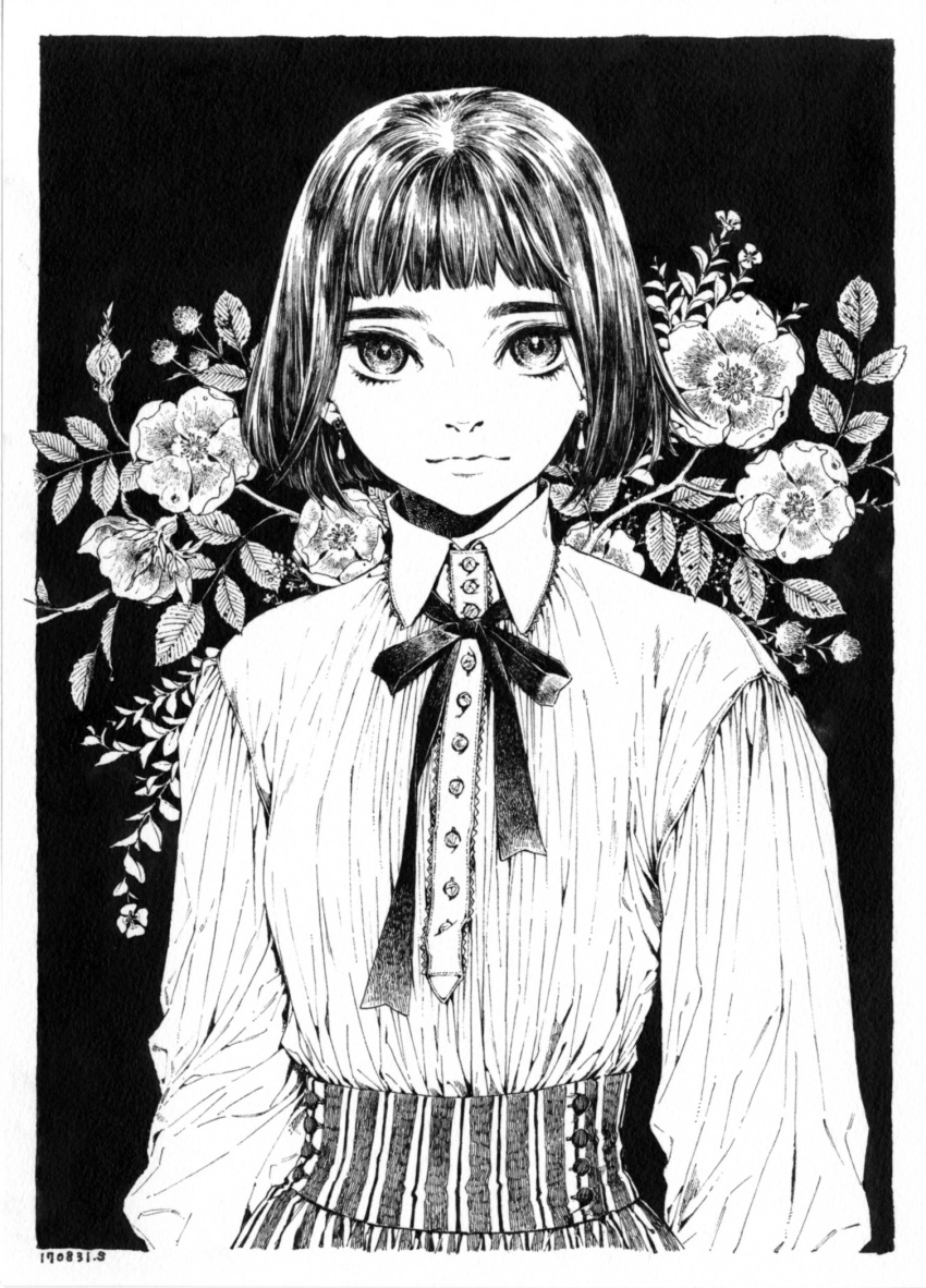 arms_at_sides blunt_bangs bob_cut buttons closed_mouth collared_shirt commentary_request dated earrings eyebrows female floral_background flower gisele_alain gisele_alain_(character) greyscale highres ink_(medium) jewelry kasai_sui light_smile long_sleeves looking_at_viewer monochrome neck_ribbon ribbon rose shirt short_hair solo striped traditional_media upper_body vertical_stripes