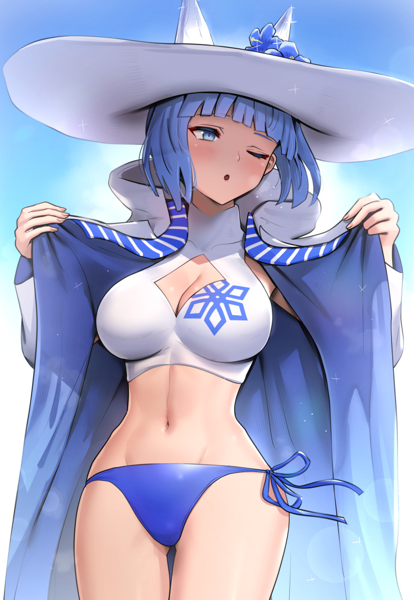 ;o absurdres bikini blue_bikini blue_eyes blue_hair breasts cleavage cleavage_cutout clothing_cutout female fire_emblem fire_emblem_heroes gonzarez highres large_breasts navel nifl_(fire_emblem) nifl_(summer)_(fire_emblem) official_alternate_costume one_eye_closed open_mouth short_hair side-tie_bikini_bottom solo swimsuit two-tone_bikini undressing white_bikini