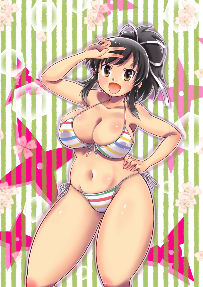 asuka_(senran_kagura) bad_id bad_pixiv_id bikini black_eyes black_hair breasts cleavage commentary_request commission contrapposto cowboy_shot female front-tie_top hand_on_own_hip highres kawamoto_hiroshi large_breasts looking_at_viewer pixiv_commission ponytail ribbon senran_kagura side-tie_bikini_bottom solo standing striped_background striped_bikini striped_clothes swimsuit v_over_eye white_ribbon