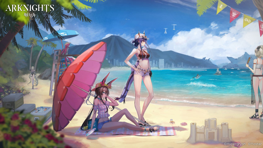 amiya_(arknights) animal_ears aqua_eyes arknights ass beach bikini blonde_hair blue_hair brown_hair bunny_ears castle-3_(arknights) clouds food gray_hair hat horns ifrit_(arknights) logo long_hair matterhorn_(arknights) mins_(minevi) red_eyes red_hair robot shining_(arknights) shorts sky swimsuit tail umbrella vigna_(arknights) water