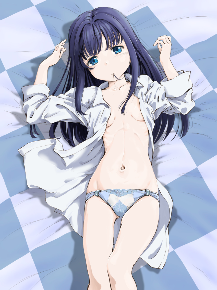 arms_up bed_sheet blue_eyes blue_hair blue_panties breasts closed_mouth collarbone dark_blue_hair feet_out_of_frame female hair_in_own_mouth highres lace lace_panties long_hair looking_at_viewer loose_hair_strand lying marutaya navel on_back on_bed open_clothes open_shirt panties ribs shirt skinny small_breasts solo stomach tsurumi_rumi underwear white_shirt yahari_ore_no_seishun_lovecome_wa_machigatteiru.