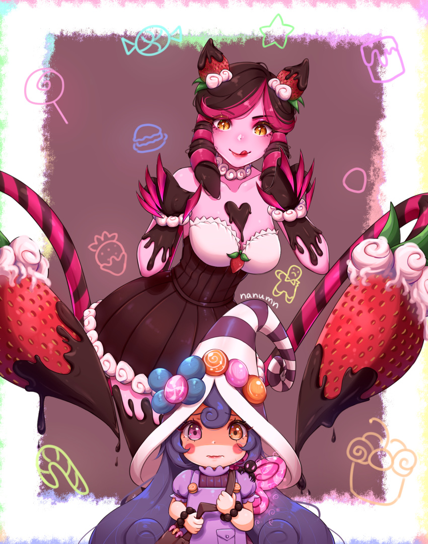 2girls bag bittersweet_lulu black_dress blush_stickers breasts brown_eyes brown_hair candy chocolate claws collarbone commentary dress evelynn_(league_of_legends) food fruit hair_ornament hat heterochromia highres holding large_breasts league_of_legends long_hair looking_at_viewer lulu_(league_of_legends) multiple_girls nanumn pink_hair purple_eyes purple_headwear sleeveless sleeveless_dress smile strapless strapless_dress strawberry sugar_rush_evelynn tongue tongue_out wavy_mouth white_headwear yellow_eyes yordle