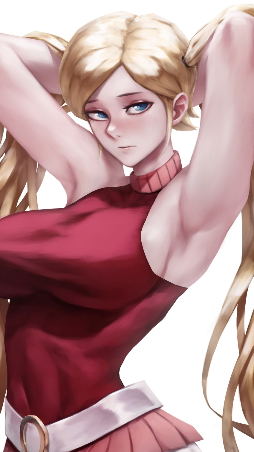 absurdres armpits arms_behind_head belt blonde_hair blue_eyes bluecup breasts commission covered_navel female gamia_q highres looking_at_viewer mazinger_(series) mazinger_z pixiv_commission pleated_skirt simple_background skirt sleeveless solo toned twintails white_background