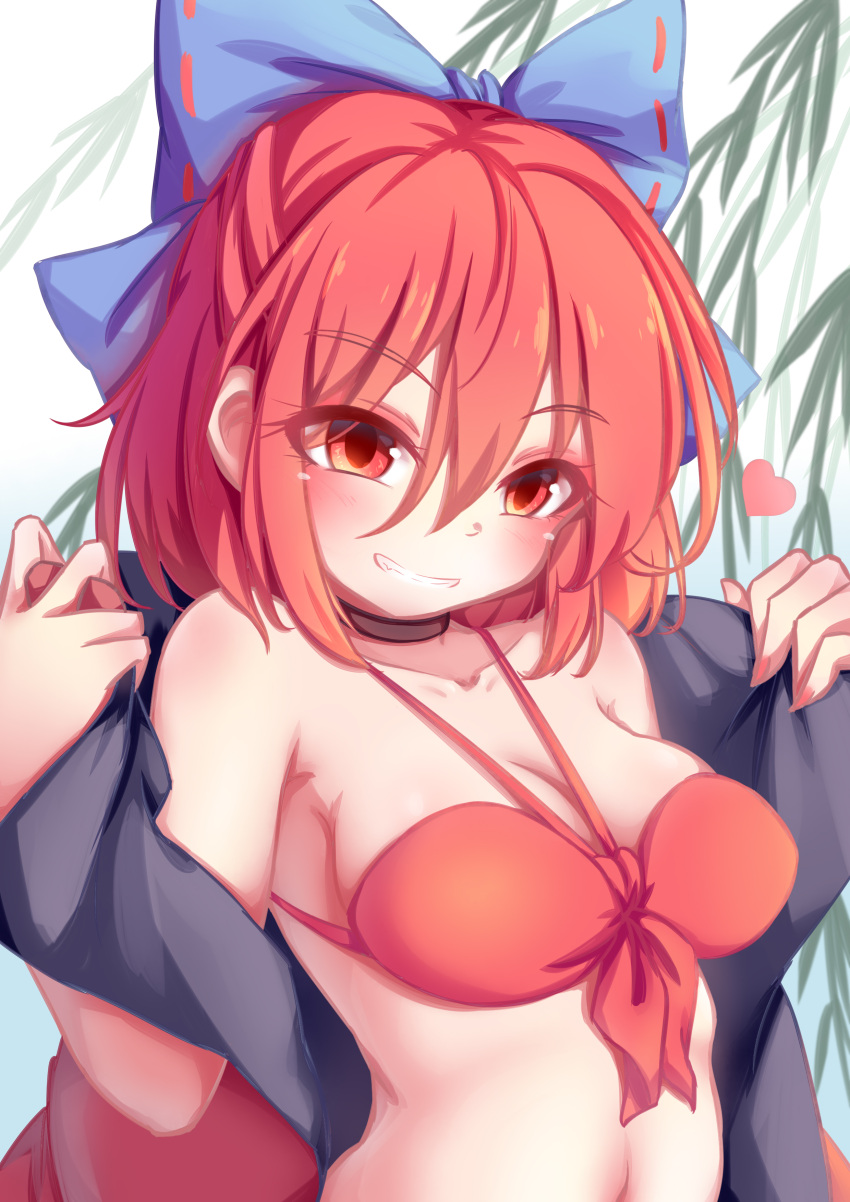 absurdres bad_id bad_pixiv_id bikini black_choker blue_bow blush bow breasts choker dior-zi eyes_visible_through_hair female hair_between_eyes hairbow heart highres medium_breasts red_bikini red_eyes red_hair sekibanki short_hair smile solo swimsuit touhou upper_body