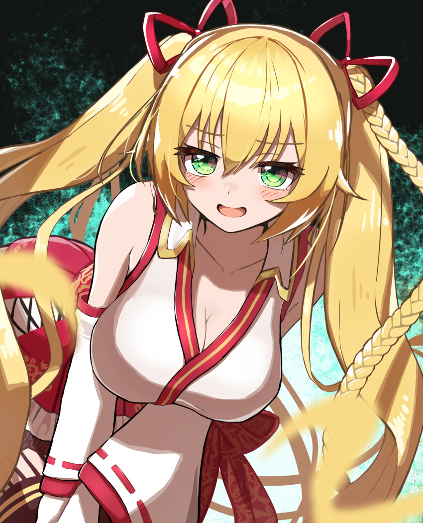 .live bent_over blonde_hair blush breasts cleavage commentary_request detached_sleeves female green_background green_eyes highres kongou_iroha large_breasts long_hair looking_at_viewer nora_(agentpuppyone) open_mouth simple_background solo twintails twintails_day virtual_youtuber