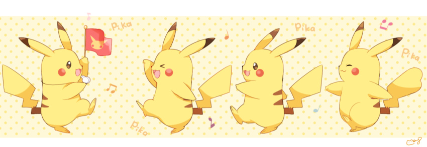 >3< :3 arm_up border commentary_request flag gen_1_pokemon holding holding_flag leg_up looking_at_another marching mei_(maysroom) musical_note no_humans open_mouth pikachu pokemon pokemon_(creature) polka_dot polka_dot_background signature smile standing standing_on_one_leg walking whistle white_border |3