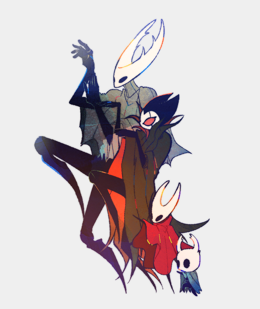 1boy 2others bad_id bad_twitter_id broken_mask cloak colored_sclera commentary_request female full_body grey_background grey_cloak grimm_(hollow_knight) highres hollow_eyes hollow_knight hollow_knight_(character) hornet_(hollow_knight) horns joints knee_up knight_(hollow_knight) korean_commentary mask multiple_others no_humans no_pupils red_cloak red_sclera shak_(gongi) yotsubato! yotsubato!_pose