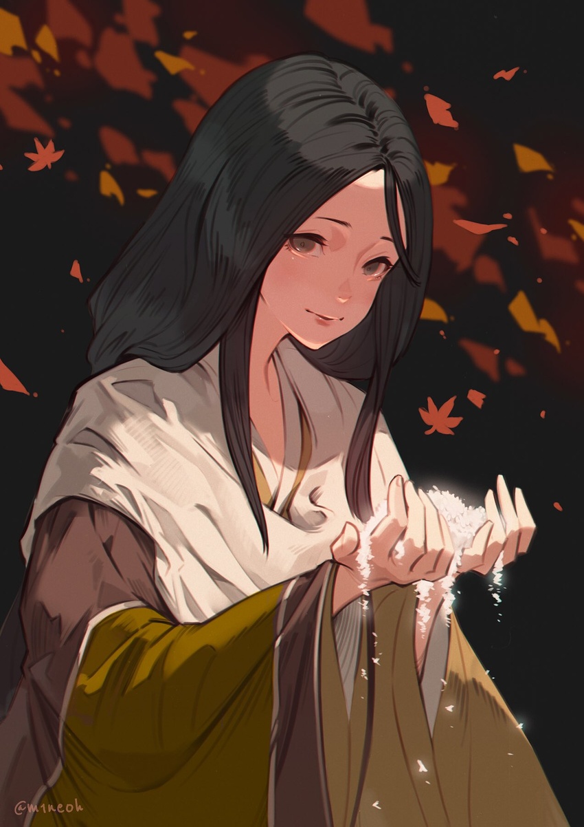 black_background black_hair closed_mouth commentary_request divine_child_of_rejuvenation female highres japanese_clothes jiro_(ninetysix) kimono leaf long_hair long_sleeves looking_at_viewer parted_bangs rice sekiro:_shadows_die_twice smile solo wide_sleeves