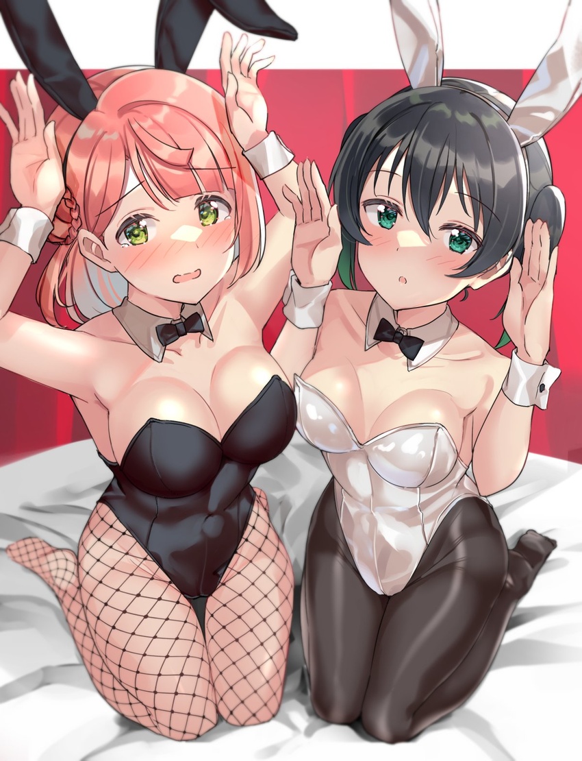 2girls animal_ears black_bow black_bowtie black_hair black_leotard black_pantyhose blunt_bangs bow bowtie braid braided_bun breasts cleavage commentary_request detached_collar fishnet_pantyhose fishnets gradient_hair green_eyes green_hair hair_bun hair_ornament hairpin half_updo highres kneeling large_breasts leotard long_hair looking_at_viewer love_live! love_live!_nijigasaki_high_school_idol_club multicolored_hair multiple_girls orange_hair pantyhose playboy_bunny rabbit_ears shiitake_taishi single_side_bun small_breasts strapless strapless_leotard swept_bangs takasaki_yu twintails uehara_ayumu white_leotard wrist_cuffs yellow_eyes