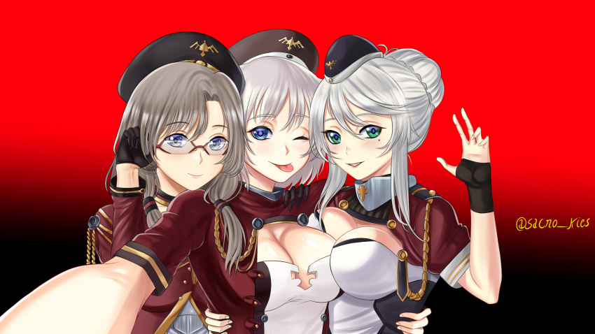 3girls ;p aiguillette artist_name azur_lane beret black_gloves black_headwear blue_eyes braid breasts cleavage cleavage_cutout clothing_cutout glasses gloves green_eyes grey_hair hair_between_eyes half_gloves hat highres jacket karlsruhe_(azur_lane) koeln_(azur_lane) koenigsberg_(azur_lane) light_brown_hair long_hair looking_at_viewer medium_breasts mole mole_under_eye multiple_girls one_eye_closed purple_eyes red_background red_jacket sacrokies selfie semi-rimless_eyewear short_sleeves tongue tongue_out