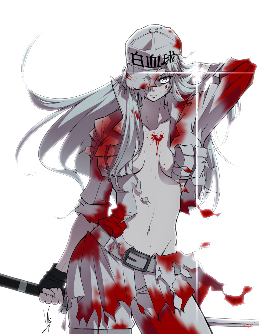 absurdres blood blood_on_breasts blood_on_clothes blood_on_face breasts colored_skin female fingerless_gloves flat_cap gloves hair_over_one_eye hat hataraku_saibou hataraku_saibou_black highres holding holding_sword holding_weapon large_breasts navel open_clothes pants pleated_skirt simple_background skirt solo sword torn_clothes u-1196 weapon white_background white_blood_cell_(hataraku_saibou) white_hair white_skin yasu_(pixiv)