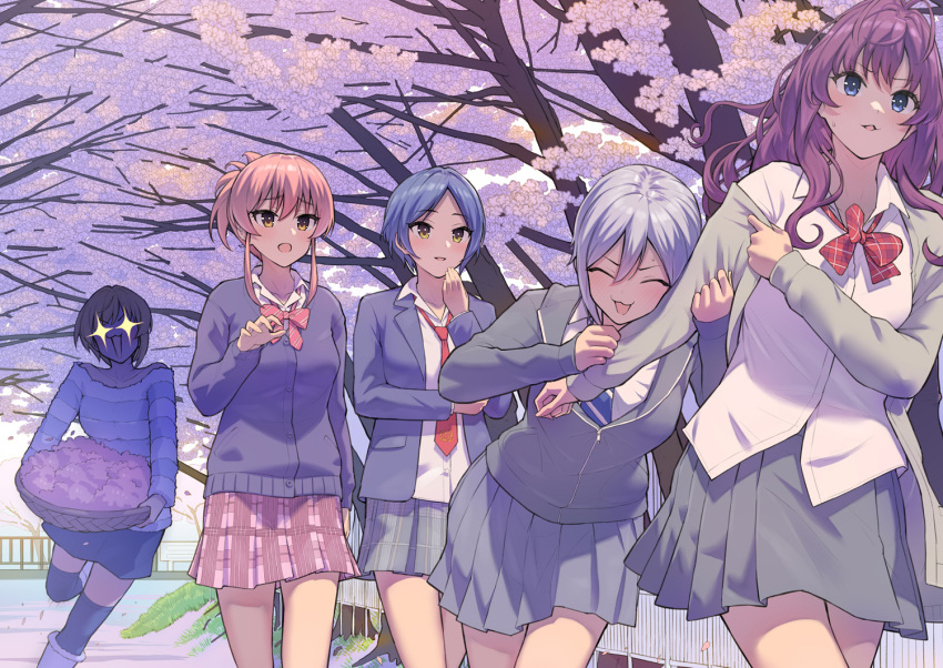 +_+ 5girls :3 :d :o bad_id bad_twitter_id basket blazer blue_eyes blue_hair blue_necktie blush bow bowtie cardigan cherry_blossoms closed_eyes collared_shirt colonnade cowboy_shot dress_shirt fence hair_between_eyes hand_up hayami_kanade holding holding_another's_arm holding_basket ichinose_shiki idolmaster idolmaster_cinderella_girls jacket jougasaki_mika lipps_(idolmaster) long_hair long_sleeves looking_at_another loose_bowtie loose_necktie miniskirt miyamoto_frederica morimiya_masayuki multiple_girls necktie off-shoulder_shirt off_shoulder open_cardigan open_clothes open_collar open_jacket open_mouth outdoors parted_bangs parted_lips plaid plaid_skirt pleated_skirt purple_hair red_necktie running school_uniform shiomi_syuko shirt short_hair skirt smile standing standing_on_one_leg striped_bow striped_bowtie striped_clothes striped_necktie striped_shirt sweatdrop thighhighs tree untucked_shirt walking yellow_eyes