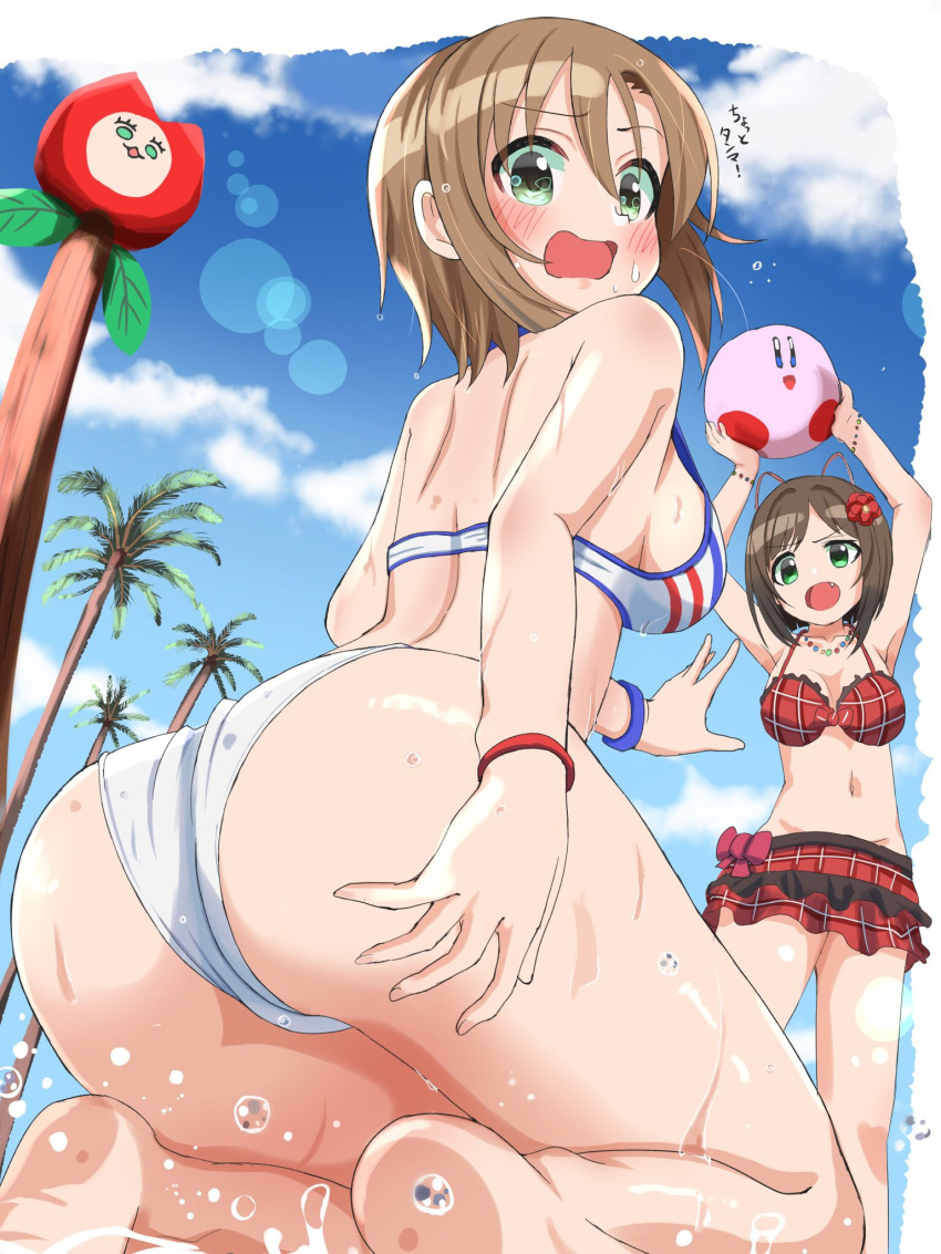 2girls animal_ears ass back ball beach beachball bikini bikini_skirt blush bow brown_hair cat_ears flustered haruki_(haruki678) highres idolmaster idolmaster_cinderella_girls idolmaster_cinderella_girls_starlight_stage kirby kirby_(series) maekawa_miku midriff multiple_girls navel outdoors plaid plaid_bikini red_bikini swimsuit tada_riina ueki-chan white_bikini wristband