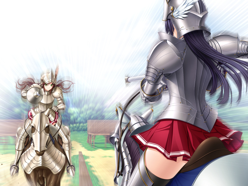 2girls armor armored_boots armored_dress barding black_hair boots brown_hair character_request game_cg gauntlets green_eyes grey_footwear helmet highres holding holding_weapon horse jousting komori_kei lance long_hair multiple_girls pauldrons plate_armor polearm ryuuzouji_akane shoulder_armor skirt thigh_boots thighhighs walkure_romanze weapon zettai_ryouiki