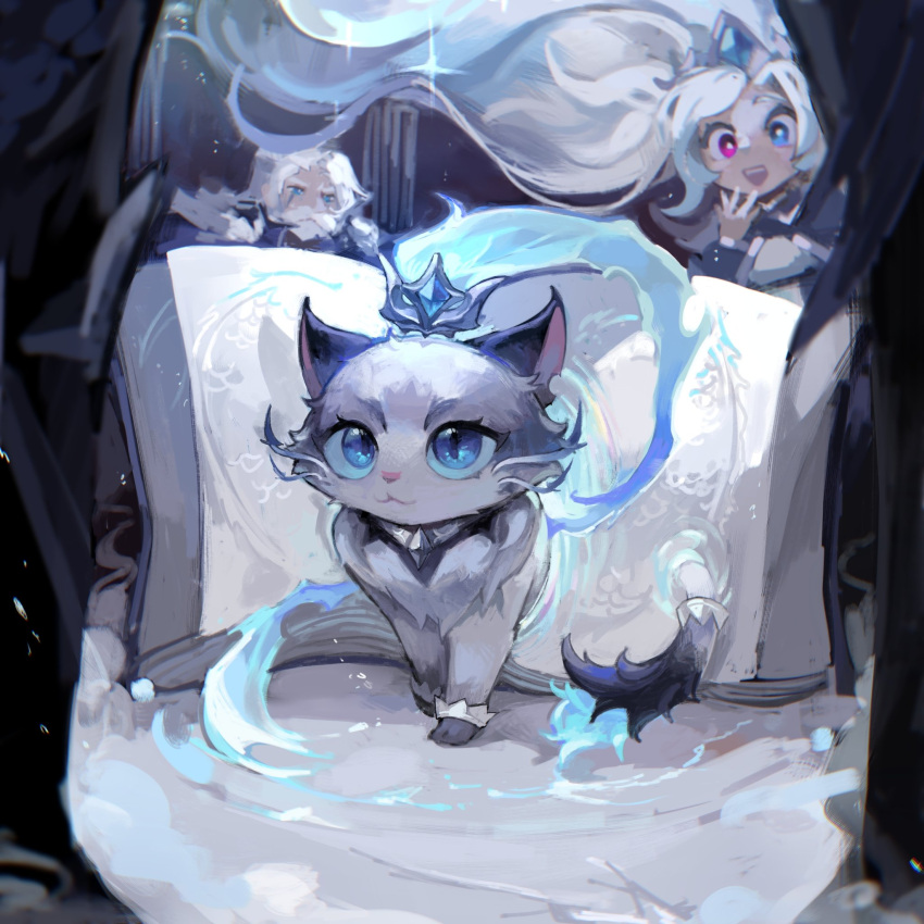 1boy animal animal_focus beard blue_eyes book cheese_(chisi64726930) edg_graves edg_yuumi edg_zoe facial_hair feline female gem graves_(league_of_legends) hair_ornament hand_up heterochromia highres league_of_legends long_hair open_book pink_eyes ponytail short_hair smile white_hair yuumi_(league_of_legends) zoe_(league_of_legends)