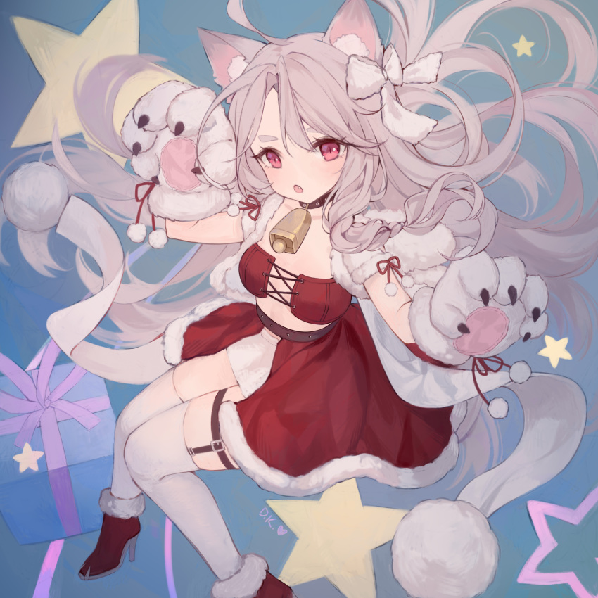 :o absurdres ahoge animal_ear_fluff animal_ears animal_hands azur_lane bell box breasts christmas_present collar collarbone commentary daichengqi female fur-trimmed_footwear fur_trim gift gift_box grey_hair hair_ribbon high_heels highres knees_together_feet_apart legwear_garter long_hair looking_at_viewer neck_bell oerba_yun_fang official_alternate_costume open_mouth parted_bangs pom_pom_(clothes) red_eyes red_footwear ribbon signature slit_pupils small_breasts solo thick_eyebrows thighhighs white_ribbon white_thighhighs wolf_ears wolf_girl yuudachi_(azur_lane) yuudachi_(woofy_floofy_christmas_night)_(azur_lane)