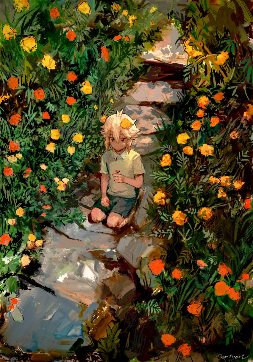 1boy absurdres basil_(faraway)_(omori) basil_(omori) black_eyes blonde_hair blue_shorts collared_shirt commentary english_commentary flower foliage green_shirt hair_flower hair_ornament highres holding holding_flower kneeling male_focus omori orange_flower path red_flower sapgoon scenery shirt short_hair shorts solo stone stone_walkway yellow_flower