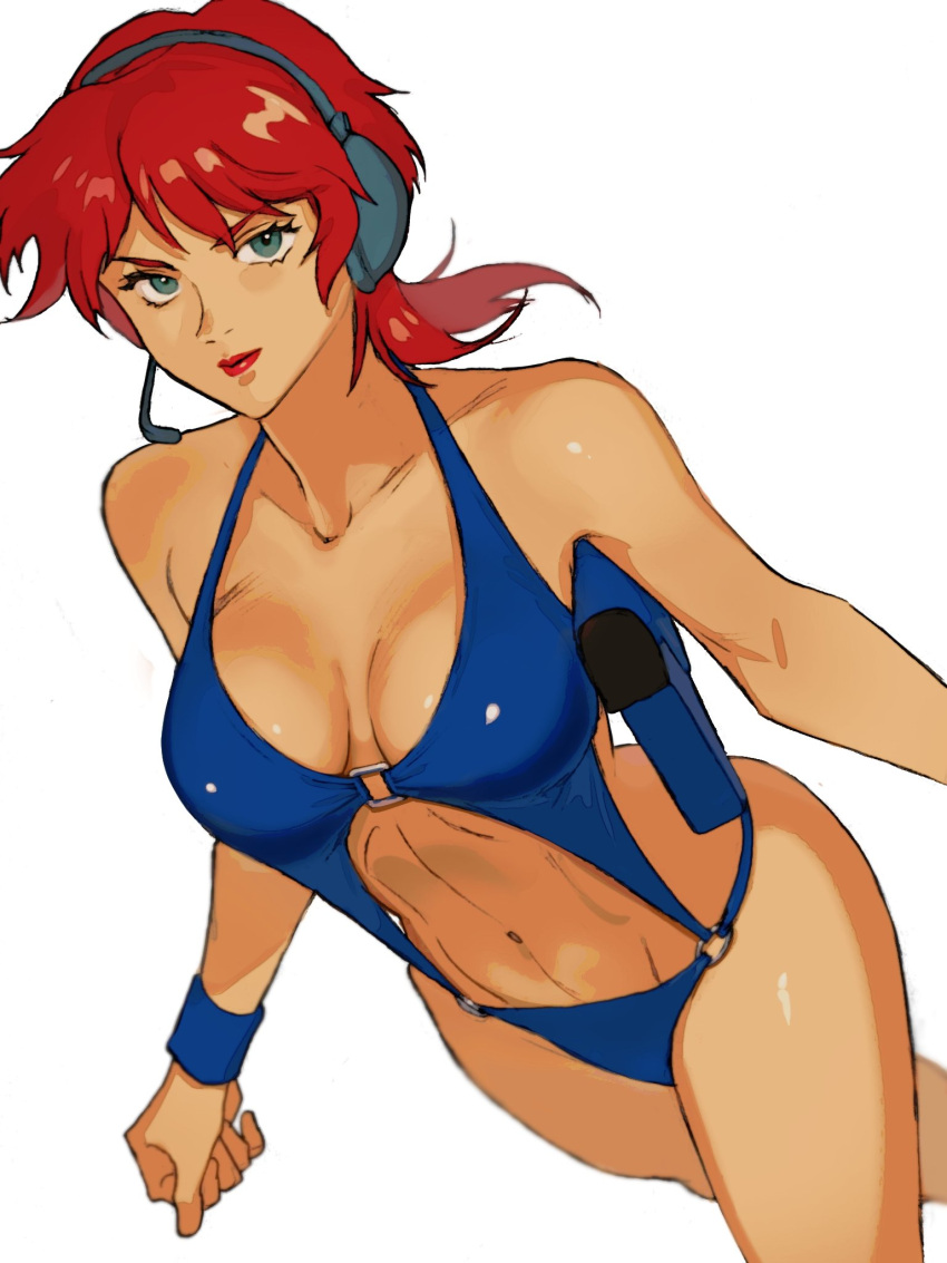 blue_wristband breasts collarbone commentary dutch_angle female from_above green_eyes gundam headset highres holster looking_at_viewer medium_hair miromari navel neneka_nibrou o-ring o-ring_swimsuit red_hair red_lips shoulder_holster simple_background solo swimsuit symbol-only_commentary victory_gundam walking white_background wristband