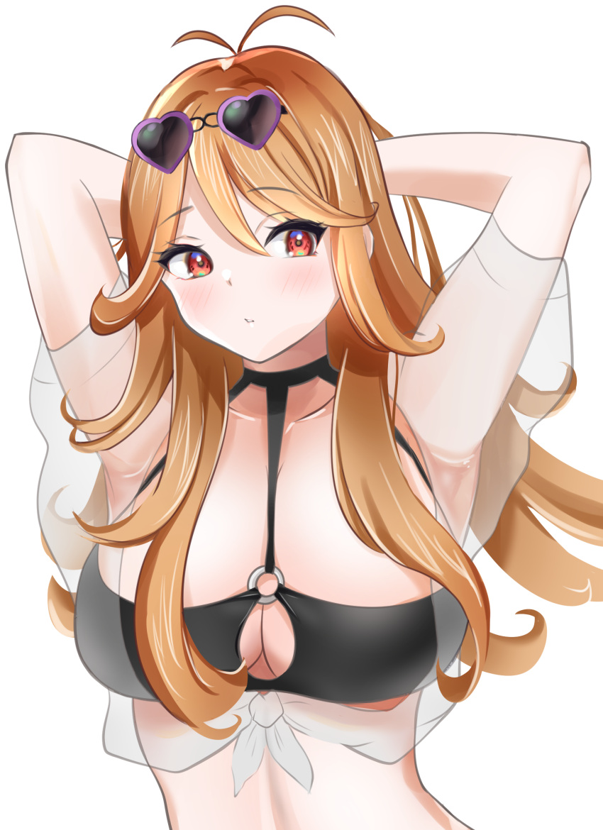 absurdres ahoge armpits arms_behind_head azur_lane bikini black_bikini blush breasts cleavage cosplay eyewear_on_head female hair_between_eyes heart heart-shaped_eyewear highres hiiragi_setu large_breasts o-ring o-ring_top orange_hair red_eyes sirius_(azur_lane) sirius_(azur_lane)_(cosplay) sirius_(scorching-hot_seirios)_(azur_lane) solo sunglasses swimsuit tokyo_7th_sisters underboob upper_body usuta_sumire