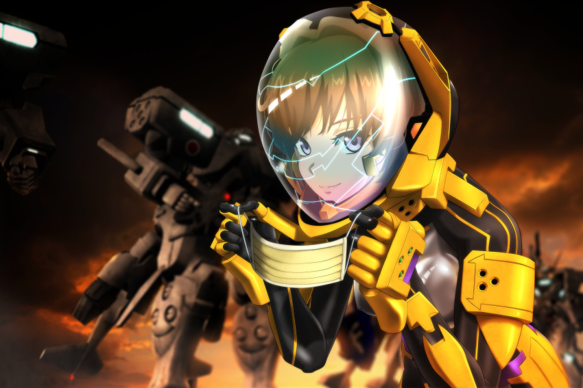 assault_visor black_gloves blurry blurry_background brown_hair cloud cloudy_sky commentary_request covered_nipples f-4j_gekishin female fortified_suit genya_(genya67) gloves helmet highres holding holding_mask leaning_forward looking_at_viewer mask mecha mouth_mask muv-luv muv-luv_alternative muv-luv_total_eclipse pilot_helmet pilot_suit purple_eyes robot science_fiction sky smile surgical_mask tactical_surface_fighter takamura_yui xfj-01a_shiranui