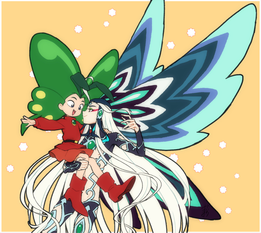 1boy :d antennae belt bishounen black_hair blue_eyes bodysuit butterfly_wings carrying commentary_request cowboy_shot crossover eye_contact eyeshadow fate/grand_order fate_(series) female green_hair insect_wings kagio_(muinyakurumi) long_hair looking_at_another makeup multicolored_hair open_mouth orange_background red_eyes red_footwear red_shirt red_skirt shi_huang_di_(fate) shirt shoes simple_background skirt smile two-tone_hair white_hair wings yadamon yadamon_(character)