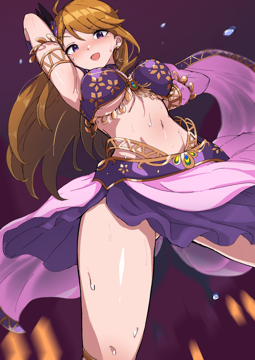 absurdres ahoge arabian_clothes arm_up armlet armpits ass_visible_through_thighs blue_eyes blush breasts brown_hair dancer female flower hair_flower hair_ornament harem_outfit highres ichi_k_y idolmaster idolmaster_million_live! idolmaster_million_live!_theater_days large_breasts long_hair looking_at_viewer looking_down midriff navel open_mouth shawl smile solo sweat swept_bangs thighs tokoro_megumi underboob