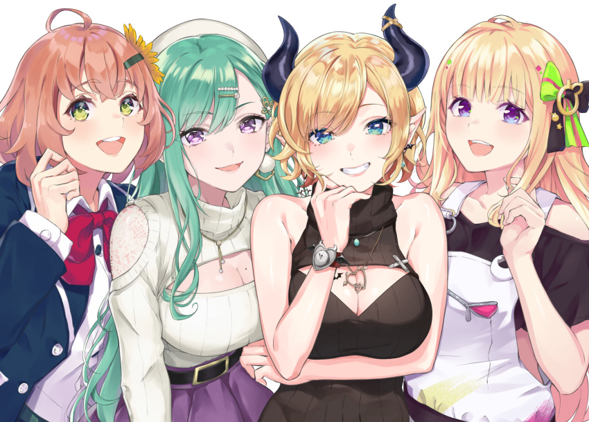 4girls ahoge aki_rosenthal aki_rosenthal_(gaming_casual) bare_shoulders bat_earrings bat_tattoo belt black_belt black_jacket black_shirt black_sweater blazer blonde_hair bow bowtie breasts cleavage_cutout clothing_cutout collared_shirt crossover demon_girl demon_horns dress dress_shirt earrings flower green_eyes green_hair green_skirt grin hair_behind_ear hair_flower hair_ornament hairbow hairclip heart heart_necklace highres hololive honma_himawari honma_himawari_(1st_costume) horn_ornament horns jacket jewelry lace-trimmed_sweater large_breasts long_hair long_sleeves looking_at_viewer meme_attire mole mole_on_breast multiple_girls necklace nijisanji off-shoulder_shirt off_shoulder official_alternate_costume official_alternate_hairstyle open-chest_sweater open_mouth overalls pointy_ears pom_pom_(clothes) pom_pom_earrings purple_eyes purple_skirt red_bow red_bowtie rena_sakuma ribbed_sweater school_uniform shirt short_hair shoulder_cutout single_earring skirt sleeveless sleeveless_sweater smile sunflower sunflower_hair_ornament sweater sweater_dress swept_bangs tattoo turtleneck turtleneck_sweater very_long_hair virgin_killer_sweater virtual_youtuber vspo! white_overalls white_shirt white_sweater yakumo_beni yakumo_beni_(3rd_costume) yuzuki_choco yuzuki_choco_(streetwear)