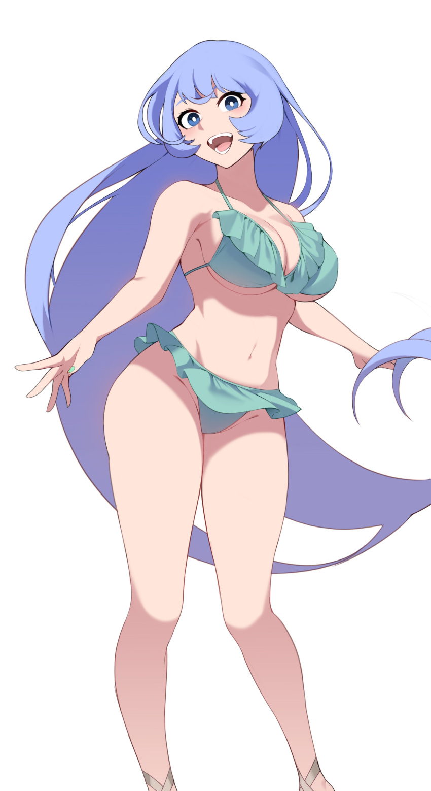 :d absurdres aqua_bikini bikini bikini_skirt blue_eyes blue_hair boku_no_hero_academia breasts cleavage collarbone commentary feet_out_of_frame female frilled_bikini frills hadou_nejire hair_between_eyes highres koyap large_breasts light_blue_hair long_hair looking_at_viewer nail_polish open_mouth simple_background smile solo swimsuit symbol-only_commentary very_long_hair white_background